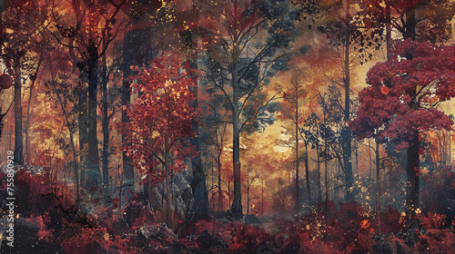 A whimsical enchanted forest, with towering trees adorned in vibrant autumnal hues of crimson, amber, and gold against a backdrop of dusky twilight skies. © Sky arts