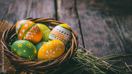 Painted eggs in the bird's nest. Colorful eggs in a nest. Easter postacrd. Easter concept. photo