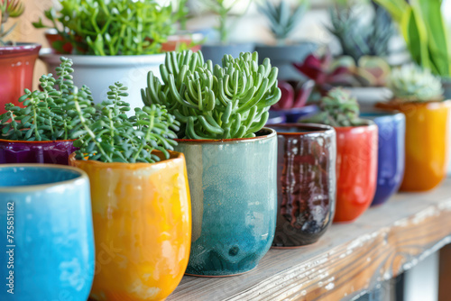 Row of Potted Plants on Wooden Shelf