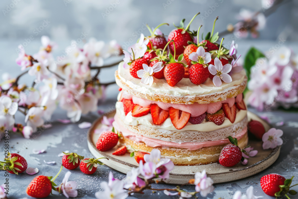 Elegant Cake With Strawberries and Flowers on Table Elegant Cake With Strawberries and Flowers on Table