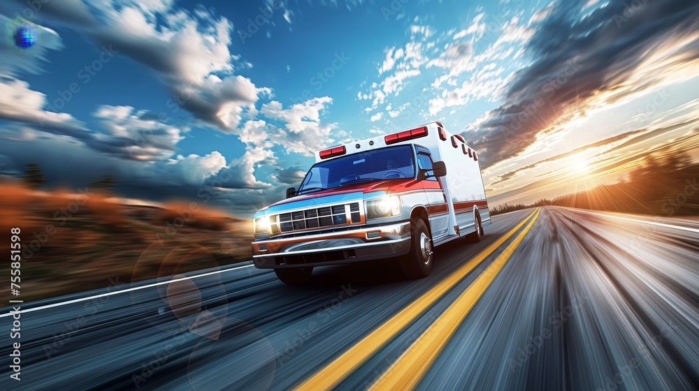 Emergency ambulance speeding with motion blur through a bustling urban cityscape landscape.