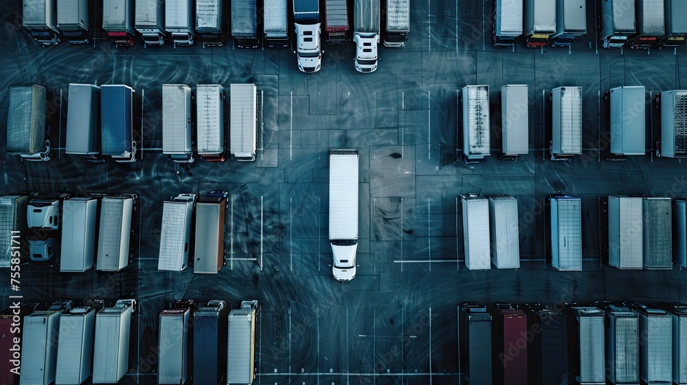 specialized parking area from above, featuring a white semi-trailer amidst a fleet. specialized parking area from above, featuring a white semi-trailer amidst a fleet.