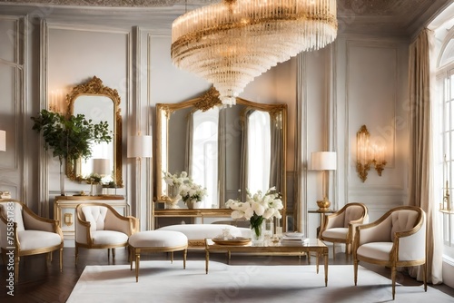 living room interior  Step into a realm of timeless elegance with a captivating image featuring an elegant room interior adorned with a large mirror