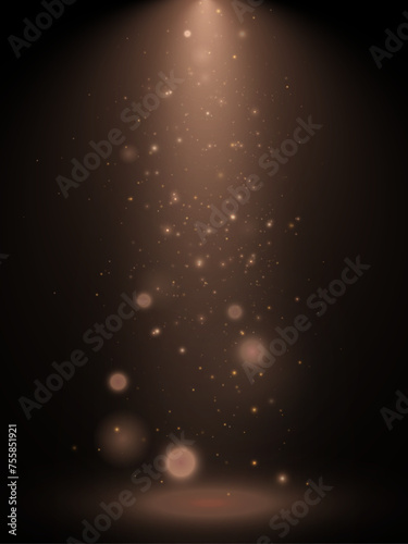 Light sources, concert lighting, stage spotlights. Spotlight beam with the effect of bright dust of shimmering bokeh. Vector	
