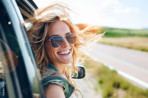 Pretty woman in sunglasses leant out of car window and takes selfie during summer travel, road trip. photo