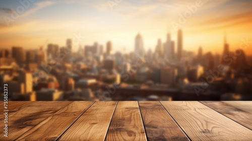The empty wooden table top with blur background of city skyline. Exuberant image. generative AI