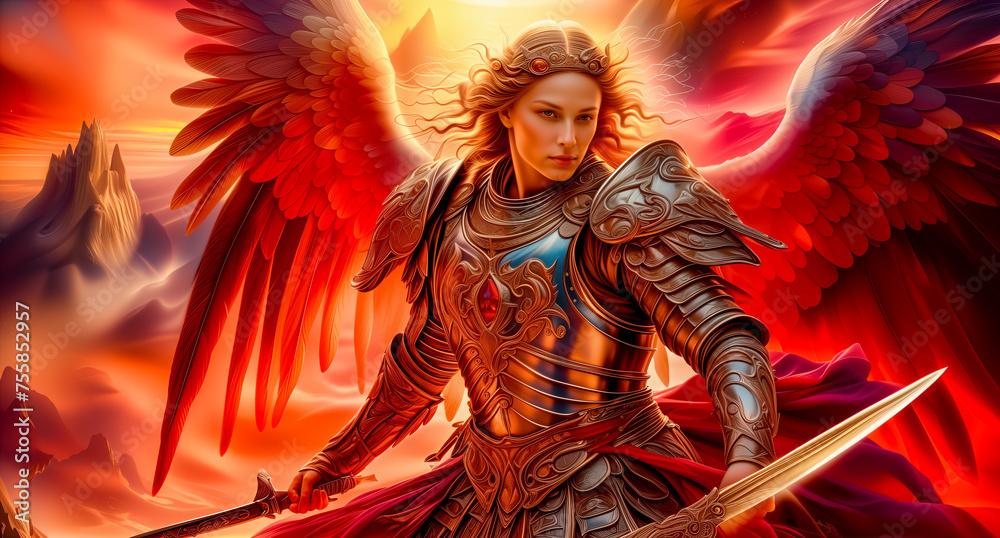 Archangel Michael with a sword and wings. Saint Michael the angel. dramatic fantasy art. biblically heroic angel, heroic fantasy art. Jesus Christ fighting Lucifer. vintage	 - obrazy, fototapety, plakaty 