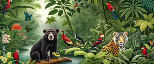 Jungle, tropical illustration. Tropical floral background with palm trees, plants, wild animals tiger, bear, birds. Exotic jungle wallpaper for kids room, interior design. mural art.	