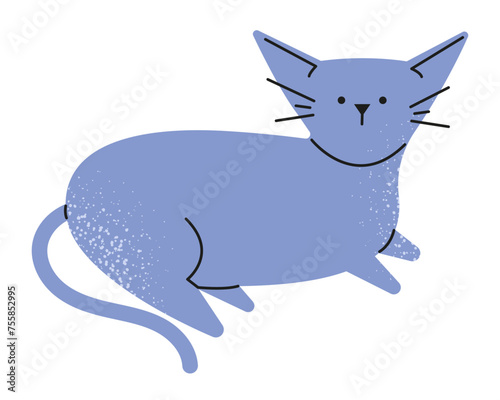 A cute cartoon characterful gray hairless Siamese cat with big ears and a tail lies down. Flat doodle style. Vector illustration.