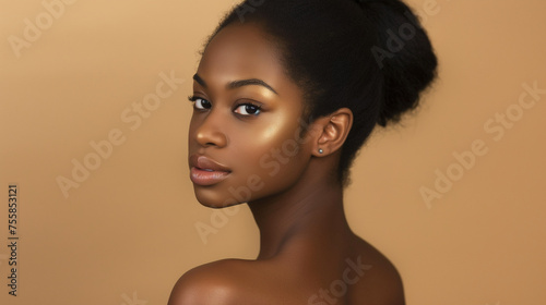 An afro-american model. Afro-american female model posing for camera. Beauty industry. Embrasing diversity. Cosmetics, skincare and fashion concept.
