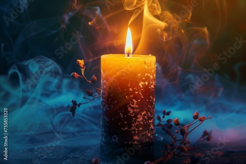 A candle is lit in front of a blue background