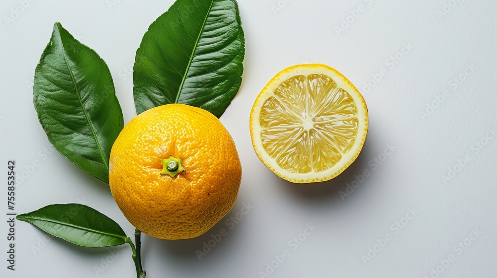 Whole and halved lemon with vibrant leaves against a clean background. Nutrition-focused citrus lemon display for health and wellness. Citrus fruit composition with green foliage on a pure backdrop.