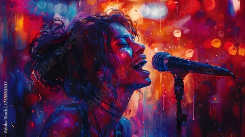 Woman Singing with Colorful Lights in Expressionistic Style