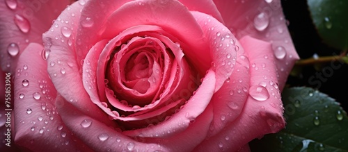 A macro shot of a pink hybrid tea rose with dew drops on its petals, showcasing the beauty of this flowering plant in its natural environment