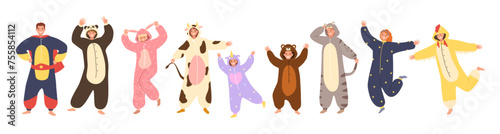 Cartoon pajamas characters. Funny animal onesies, colorful kigurumi for costume party or sleepover vector illustration set