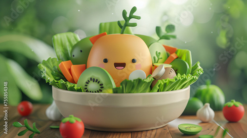 3d Cute Cartoon Bowl of Salad Character