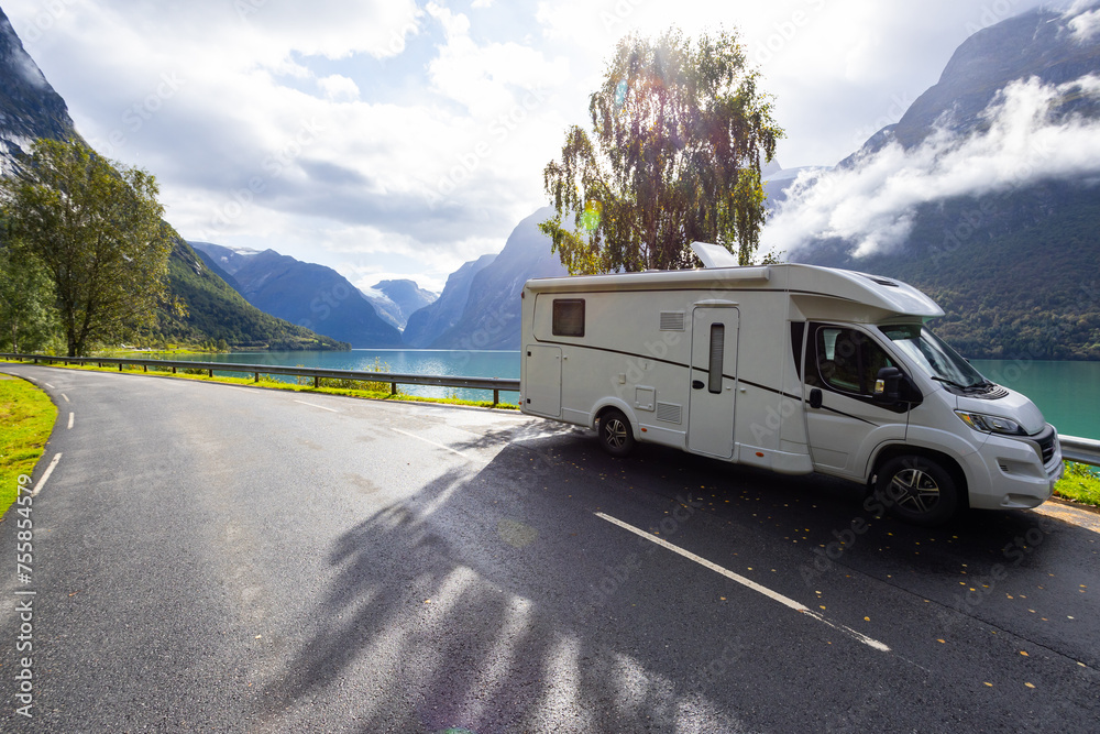 Obraz premium Motorhome camper in Lovatnet lake valley in south Norway, Europe