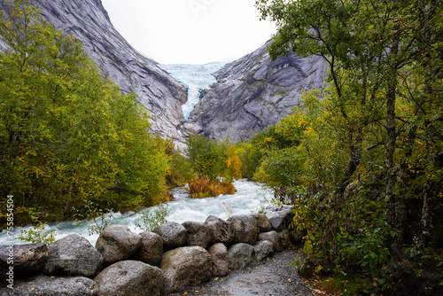Autumn landscape in Briksdalbreen glacier valley in South Norway, Europe. photo