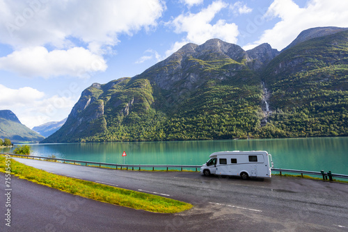 Motorhome camper in Briksdal glacier valley in south Norway, Europe.