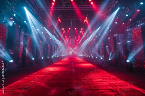 A red carpeted hallway with a red and blue lighting effect
