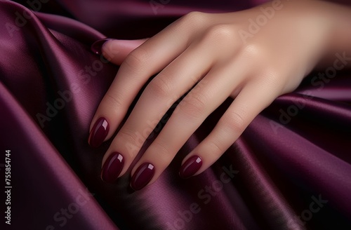 A hand with long nails is shown on a purple background