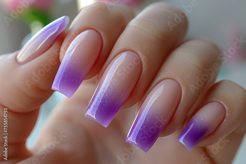 A hand holding a purple and blue manicure with purple stripe