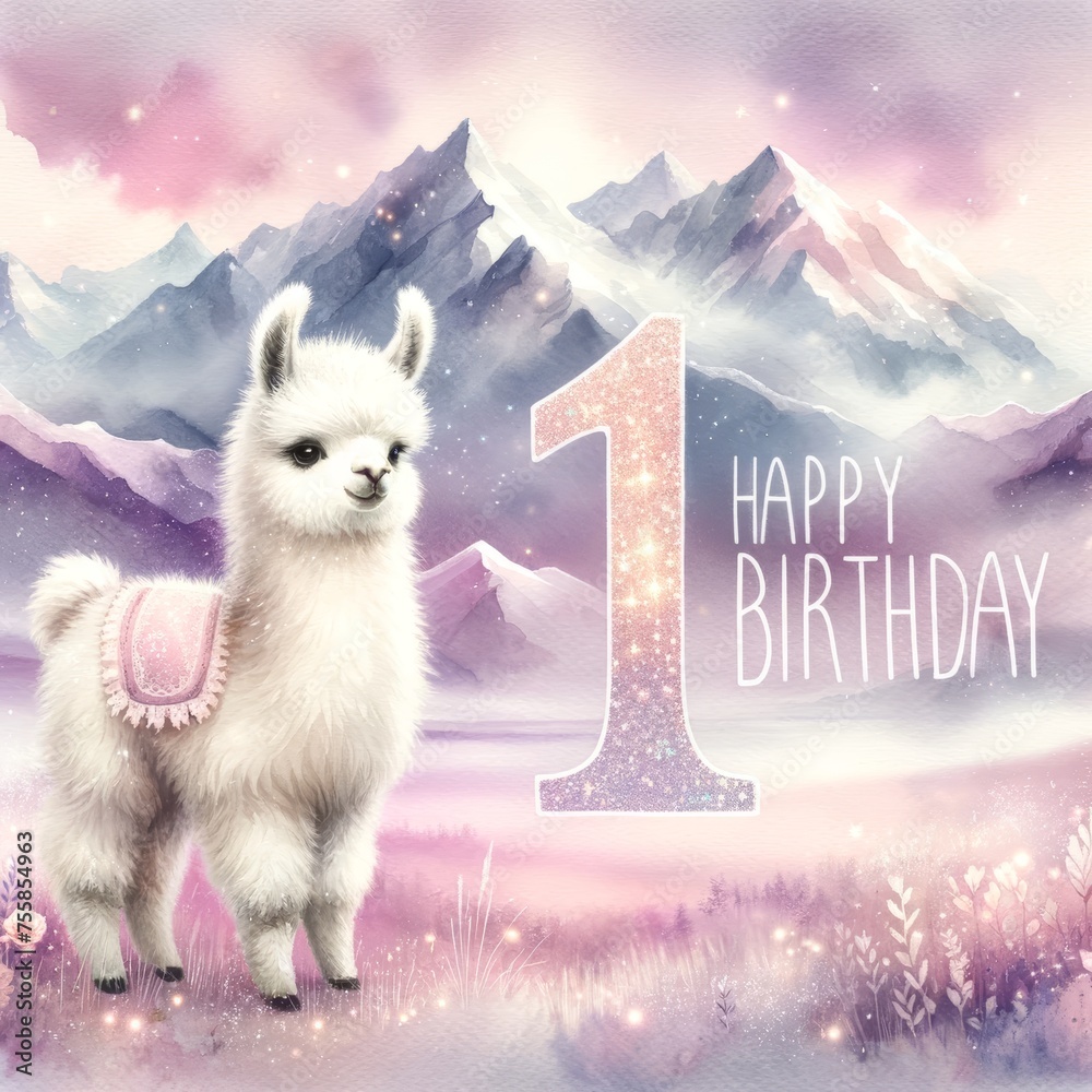 Fototapeta premium Whimsical Llama First Birthday in Pink Mountain Paradise