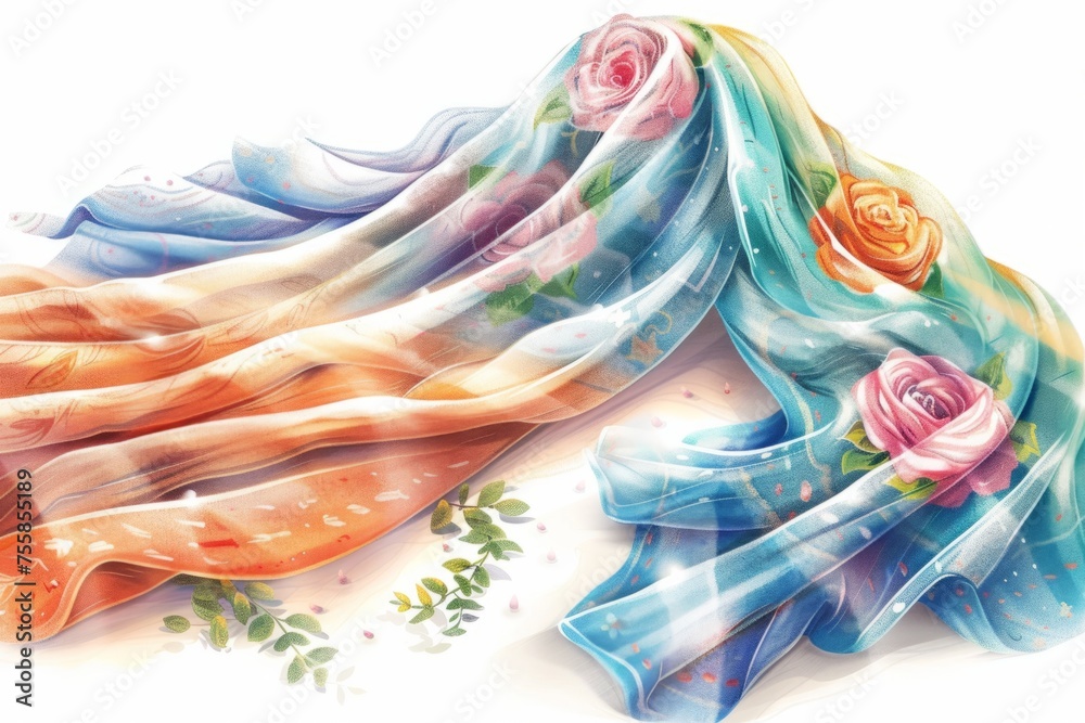 A beautiful illustration of flowing fabric adorned with floral patterns, evoking elegance and beauty, perfect for fashion and textile design concepts.