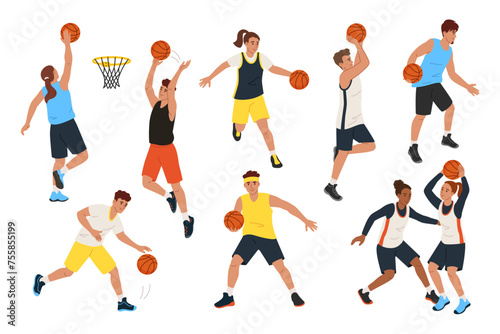 Dynamic basketball players in action. Athletes characters shooting, dribbling and passing the ball vector illustration set