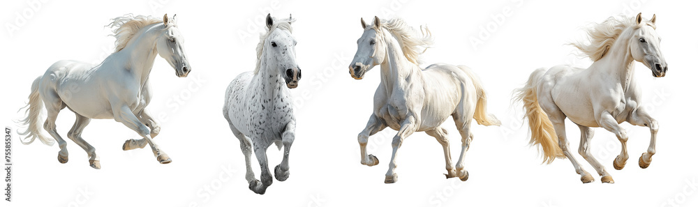 Obraz premium Collection of horse breed white Quarter galloping fast, isolated on white background