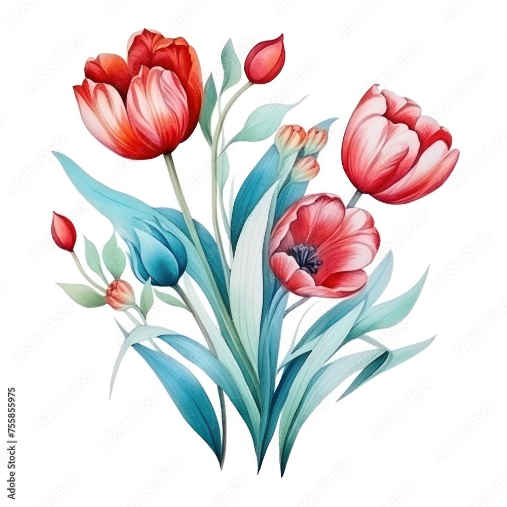Obraz premium A vibrant and detailed watercolor illustration of blooming tulips with lush green leaves.