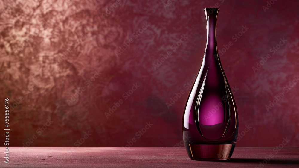 Envision a wine bottle in a deep plum hue and an opalescent glass, inviting you to indulge in its richness. - obrazy, fototapety, plakaty 