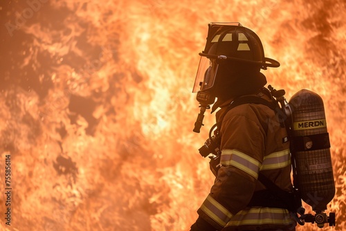 a firefighter wearing fireproof clothing was walking through the flames with his body burned by the flames. True Hero. AI Generative