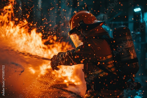 Professional Firefighter Extinguishing Large  High-Priority Part of the Fire. AI Generative