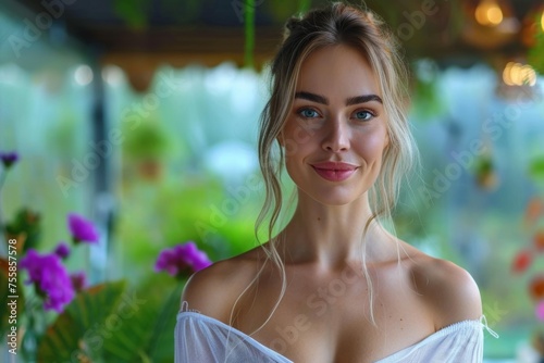 Woman farmer, female portrait. Background with selective focus and copy space