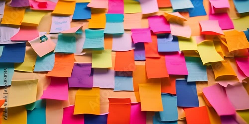 Many colorful, sticky notes, or adhesive notes on a wall or bulletin board. 4K Video photo