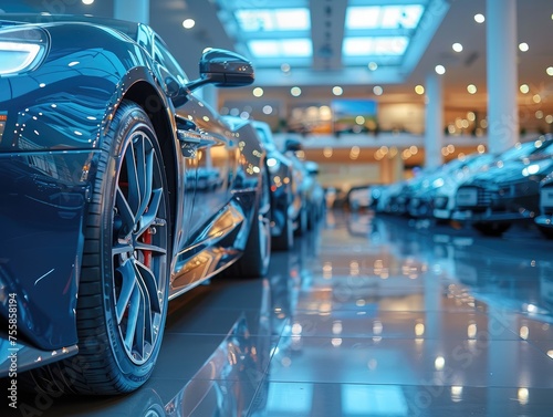 car parked in luxury showroom. Car dealership office. New car parked in modern showroom. © Exsinghas