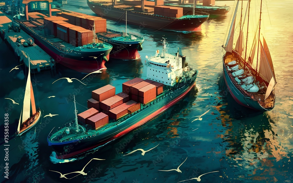 Obraz premium a bustling harbor, with cargo ships loading and unloading
