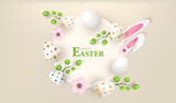 Happy Easter card vector with eggs and flowers. Holiday banner with bunny ears background. 
