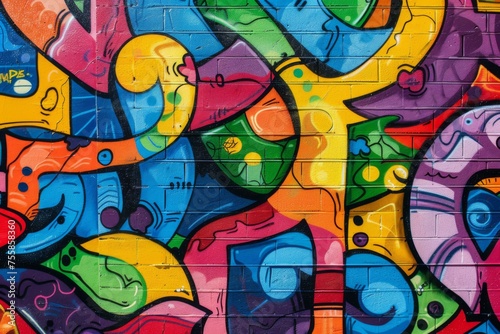Urban graffiti art on a colorful wall - A detailed graffiti art piece on a wall, featuring a bright mix of colorful letters and symbols