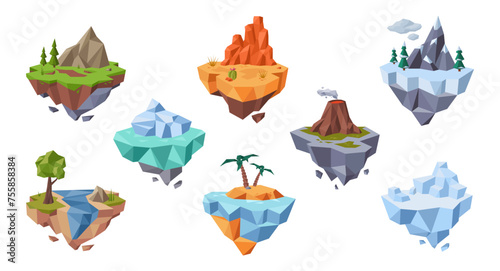 Low poly flying island. Floating landforms with various natural environments. Video game worlds isolated vector illustration set