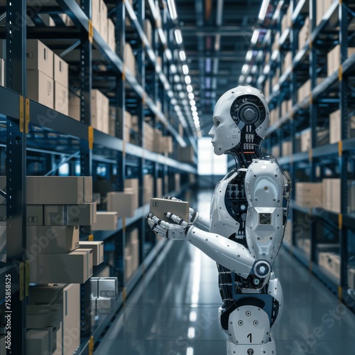 Robot in an automated warehouse - A robot with advanced design is poised in an automated warehouse, symbolizing future technology in logistics