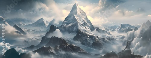 Nature's ethereal canvas, a mountain summit veiled in clouds, offering a panoramic view of the wild and untamed landscape adorned with a blanket of snow 4K Video photo
