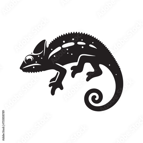 Colorful Camouflage: Vector Chameleon Silhouette, Minimalist Black chameleon Illustration. © Wolfe 
