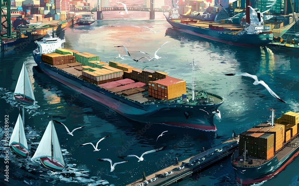 Obraz premium a bustling harbor, with cargo ships loading and unloading