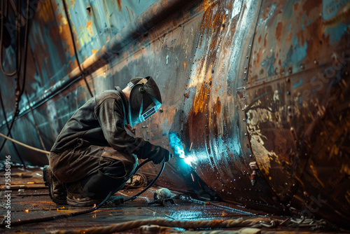 Professional in flux-cored arc welding gear working on a large ships hull
