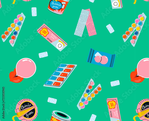 Bubble gum seamless pattern. Chewing candy in stick, pads, bubblegum pack vector illustrations. Background for sweets store packaging.