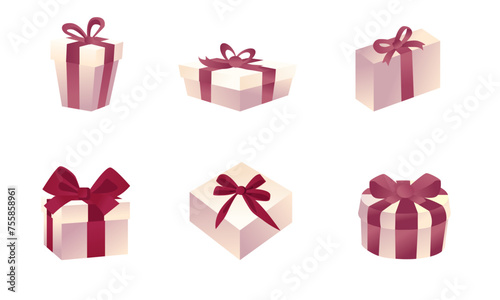 Set of gift boxes with ribbons. Boxes of different shapes, festive packaging with a ribbon bow, a gentle gradient in pastel colors with bright accents