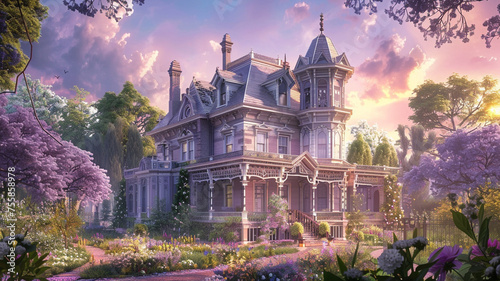 An enchanting Victorian villa featuring detailed fascias and corbels, set against a pastel lavender and soft white backdrop, captures the essence of romance at the first light of dawn