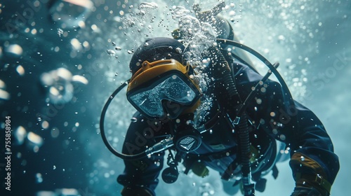Underwater welding diver surrounded by bubbles